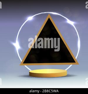 Goldene Metallbühne mit schwebenden geometrischen Formen und leuchtendem Neonlicht, runde Plattform, realistischer minimaler Hintergrund, 3D-Luxus-Rahmenszene für Profis Stock Vektor