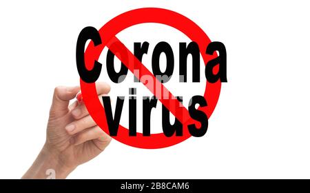 Text "Coronavirus" mit rotem Stoppschild auf weißem Hintergrund Stockfoto