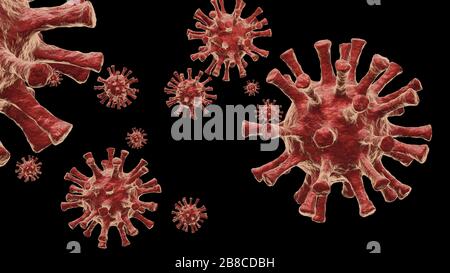 Coronavirus 3d-Rendering. Abbildung: Struktur des epidemischen Virus, isoliert auf schwarzem Hintergrund Stockfoto