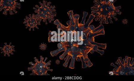 Grippe- oder HIV-Coronavirus, das in flüssigkeitsmikroskopischer Ansicht, im Konzept einer Pandemie oder Virusinfektion schwimmt - 3D-Darstellung Stockfoto