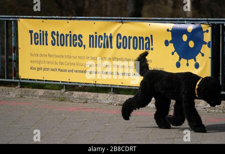 Leipzig, Deutschland. März 2020. Auf dem Geländer der Sachsenkrücke im Clara-Zetkin-Park ist ein Banner der Stadtverwaltung angebracht. Der Ort ist ein beliebter Treffpunkt. Credit: Sebastian Willnow / dpa-Zentralbild / dpa / Alamy Live News Stockfoto