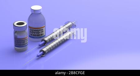 Impfung Gegen Coronavirus Covid 19. Spritzen und Fläschchen mit medizinischer Injektion und Impfmedizin auf blauem Hintergrund. Health Care Behandlung Medikation Konz Stockfoto