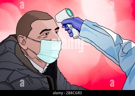 Arzt, der die Temperatur eines Patienten misst. Infrarot-Thermometer für Fieber. Coronavirus Notfall. Covid-19 und Patient mit Maske Stockfoto