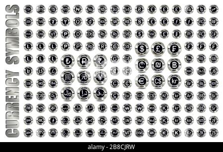 Vollständige Reihe aller Weltwährungssymbole. Neue internationale Geldsymbole mit ISO 4217-Codes und Abkürzungen. Vektor Silbermünzen und schwarze Schilder sind isola Stock Vektor