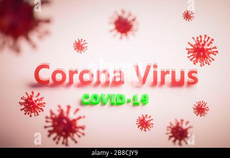 Abstraktes Virusstrain-Modell von MERS-COV oder Middle East Respiratory Syndrom Coronavirus und neuartigen Coronavirus 2019-nCoV mit Text auf weißem Hintergrund. Stockfoto