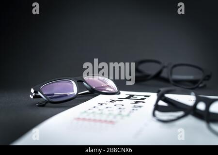 Gläser auf Augenblicktestkarte mit verschiedenen Spektakeloptionen auf dem Augenoptiktisch. Klinik für Augenheilkunde oder Optometrie. Vision, Augenlicht. Stockfoto