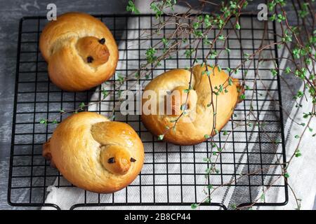 Traditionelle federförmige magere Brötchen mit süßem Sirup. Stockfoto