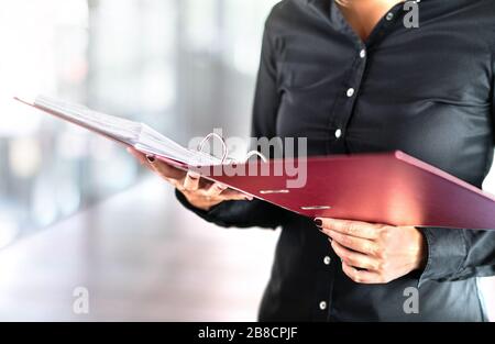 Weibliche Sozialarbeiterin, Detektivin oder Geschäftsfrau liest Akten im offenen Ordner. Buchhalter, Prüfarzt oder Adoption Counselor. Stockfoto