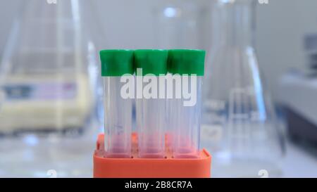 Reagenzgläser, Kolben und Laborgeräte für Biowissenschaften. Konzept der Wissenschaft, des Labors und der Erforschung von Krankheiten. Coronavirus (COVID-19) Behandlungsentwicklung Stockfoto