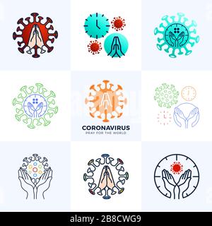 Setzen Sie Pray for the World Coronavirus Concept with Hands Vector Illustration. Abholzeit zum Beten des Corona Virus 2020 Covid-19. Coronavirus in Wuhan ve Stock Vektor