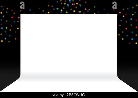 Bannerstufe, Kulisse Bühne weißes Papier leer auf Luxus-Bokeh Beleuchtung bunt leuchtendem Hintergrund dunkelschwarz, Präsentation Vorlage leer (illu Stockfoto