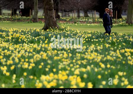 Eine allgemeine Ansicht der Menschen, die auf dem Gelände des Belton House in Grantham aufwachen, das kostenlos eröffnet wurde, nachdem Boris Johnson Pubs, Cafés, Nachtclubs, Bars, Restaurants, Theater, Freizeitzentren und Fitnessstudios in der Nähe des Kampfes gegen Coronavirus bestellt hatte. Stockfoto