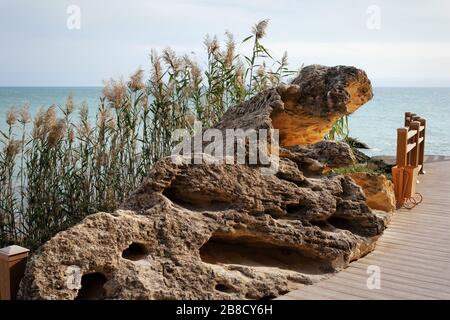 Küste des Kaspischen Meeres. Felsenpfad. Kasachstan. Stadt Aktau. Oktober 2019. Stockfoto