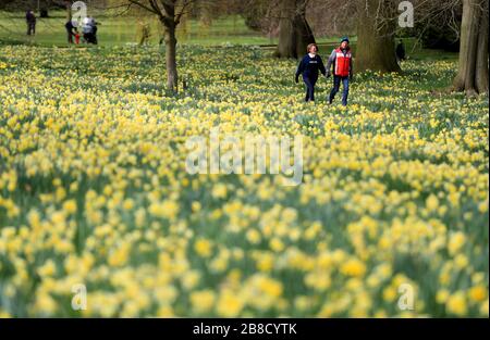 Eine allgemeine Ansicht der Menschen, die auf dem Gelände des Belton House in Grantham aufwachen, das kostenlos eröffnet wurde, nachdem Boris Johnson Pubs, Cafés, Nachtclubs, Bars, Restaurants, Theater, Freizeitzentren und Fitnessstudios in der Nähe des Kampfes gegen Coronavirus bestellt hatte. Stockfoto