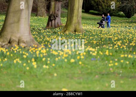 Eine allgemeine Ansicht der Menschen, die auf dem Gelände des Belton House in Grantham aufwachen, das kostenlos eröffnet wurde, nachdem Boris Johnson Pubs, Cafés, Nachtclubs, Bars, Restaurants, Theater, Freizeitzentren und Fitnessstudios in der Nähe des Kampfes gegen Coronavirus bestellt hatte. Stockfoto