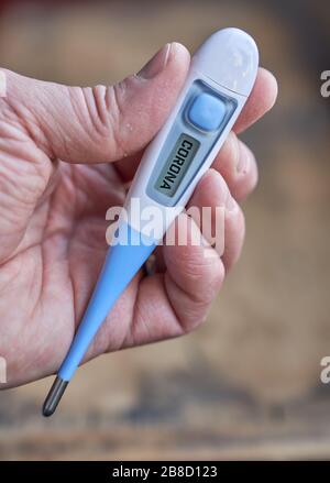 Die männliche Hand hält klinisches Thermometer mit Koronatext auf dem Bildschirm während der globalen Kovid-19- oder Corona-Pandemie Stockfoto