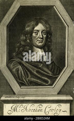 Abraham Cowley (1618-1667), englischer Cavalier-Dichter, royalistischer Spion, Sekretärin von Königin Henrietta Maria und Mitbegründer der Royal Society. Gravur von William Faithorne, dem Ältesten (1616-1691), nach einem Originalporträt von Mary Beale (1632-1697) oder Sir Peter Lely (1618-1680). Diese Gravur wurde erstmals 1687 veröffentlicht. Stockfoto