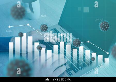 Coronavirus beeinflusst den Niedergang der Weltwirtschaft. Konzept der Arbeit und Analyse von Daten auf einem Computer. Kursgrafik-Fall Stockfoto