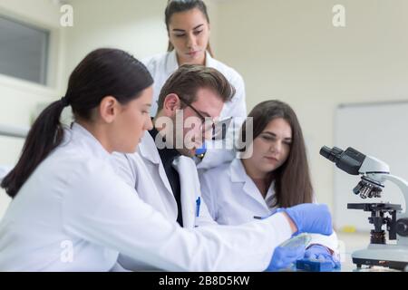 Eine Gruppe von Wissenschaftlern forschen in einem wissenschaftlichen Labor mit fortschrittlicher Technologie. COVID-19. COVID Coronavirus Stockfoto