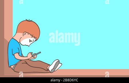 Der Junge sitzt allein zu Hause mit einem Smartphone. Vektor-Cartoon-Illustration zu einem sozialen Thema. Stock Vektor