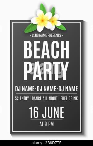 Strandparty im Sommer. Grußkarte für Einladungen. Tropisches Plumeria-Blumen- und Textbanner. DJ- und Club-Name. Festplakat. Vektorgrafiken. EPS 10 Stock Vektor