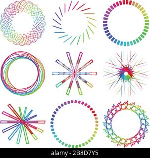 Zirkuläre und radial abstrakte Mandalas, Motive, Dekorationselemente mit Spektralfarben. Generative geometrische und abstrakte Kunstformen Stock Vektor