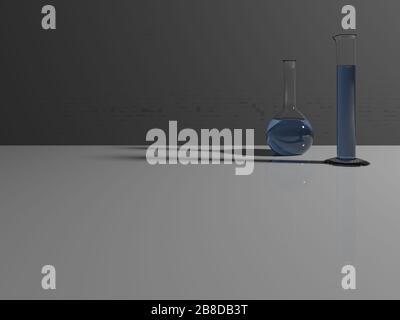 Laborglas. Realistischer volumetrischer Laborkolben und Zylinder mit blauer Flüssigkeit. 3D-Design. Minimalistisch. Stockfoto