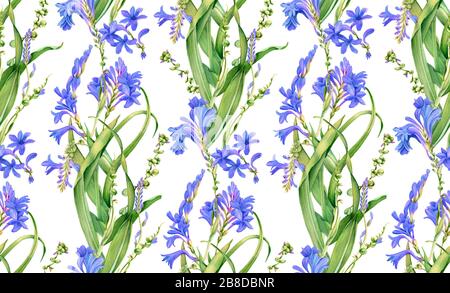 Nahtloses Farbmuster. Blaue Blumen in Blüte. Farbenfrohes, tropisches Blumenmuster, weiß isoliert. Botanische Blumenillustration zum Umhüllen Stockfoto