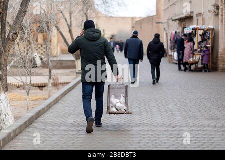 Mann, der einen Taubenkäfig zum Verkauf auf der Straße in der Altstadt von Chiwa, usbekistan, trägt Stockfoto