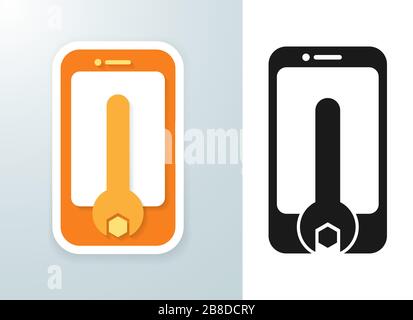 Einfaches und flaches Symbol und Logo mit Smartphone und Schraubenschlüssel, geeignet für Reparatur- und Reparaturdienste von Mobiltelefonen Stock Vektor