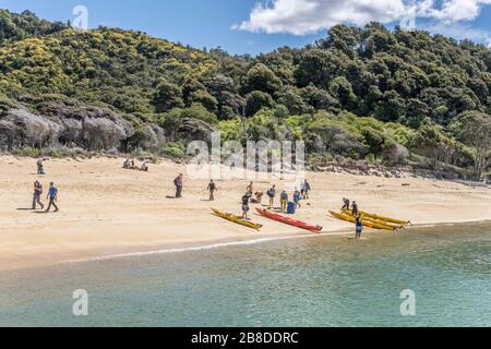 KAITERITERI, NEUSEELAND - 15. November 2019: Kajaks an Land auf Sand am Strand von Anchorage, am 15. november 2019 bei Kaiteriter in hellem Quelllicht geschossen Stockfoto