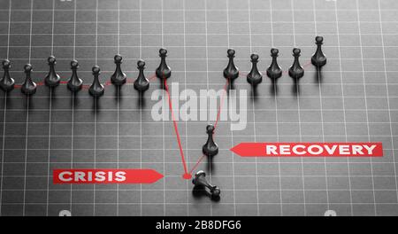 3D-Darstellung von Krisen- und Disaster-Recovery-Diagrammen über schwarzem Hintergrund. Konzept des Business-Continuity-Plans. Stockfoto