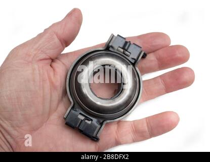 Autoteil, Ersatzdetails auf der Hand sind isoliert auf weißem Hintergrund Stockfoto