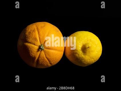 Nahaufnahme von Orange und Zitrone mit einer Fokus-Stapeltechnik, die die Motive von vorne nach hinten scharf fokussiert Stockfoto