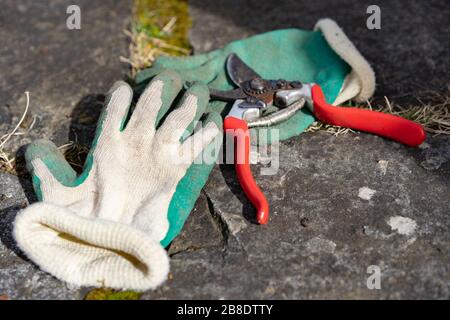 Grün-gelbe Gummihandschuhe mit rot geöffneten Sekateuren auf dem Gartenpfad aus Granit in der Sonne. Verwendete Gartenwerkzeuge, hohe Blickwinkel. Stockfoto