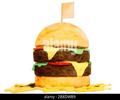 Leerer Flaggenoberteil aus Kunststoff-Food-Modell, Hamburger mit Pommes frites, isoliert auf weißem Hintergrund Stockfoto
