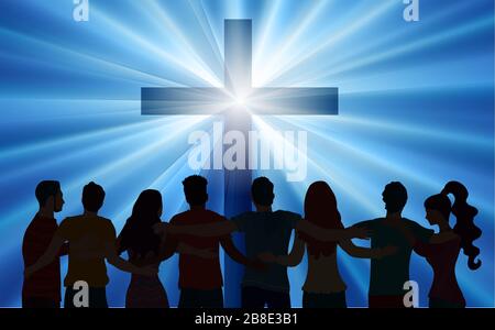 Silhouettengruppe von umarmten Menschen, die das leuchtende christliche Kreuz betrachten.Konzept Auferstehung Jesus Christus. Ostern. Kruzifix mit Lichtstrahlen. Stockfoto