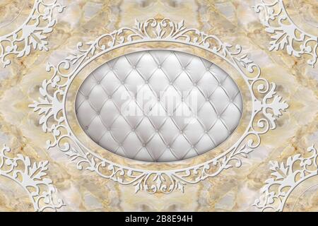 Titel 3D-Decke, stuckierter Dekorrahmen, gestepptes Leder in der Mitte auf Marmorhintergrund. 3D-Hintergrundbild. Stockfoto
