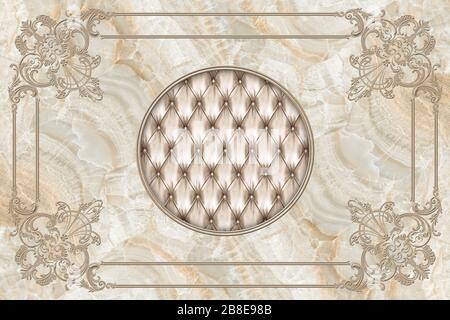 Titel 3D-Decke, stuckierter Dekorrahmen, gestepptes Leder in der Mitte auf Marmorhintergrund. 3D-Hintergrundbild. Stockfoto