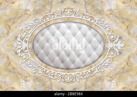 Titel 3D-Decke, stuckierter Dekorrahmen, gestepptes Leder in der Mitte auf Marmorhintergrund. 3D-Hintergrundbild. Stockfoto
