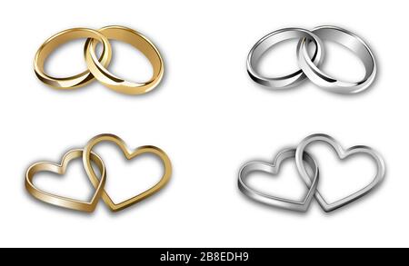 Set aus goldenen und silbernen Hochzeitsringen. Herzförmige und rundförmige Ringe Stock Vektor