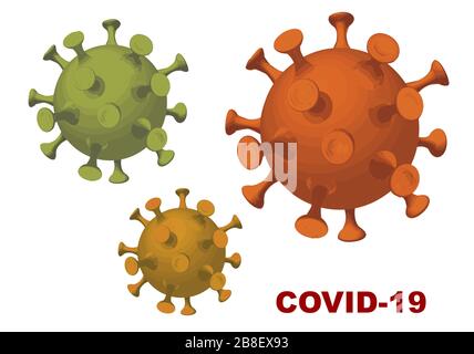 Set aus drei Coronavirus COVID-19-Viren farbenfrohe Illustrationen, isoliert auf weißem Hintergrund. Roman Coronavirus Covid-19 2019-nCoV-Ausbruch. Edita Stock Vektor