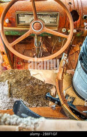 Innenbereich des alten, mit Rost und Müll bestückten Wagens Stockfoto