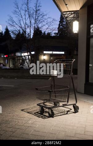 NORTH VANCOUVER, BC, KANADA - MAR 19, 2020: Ein Einkaufswagen mit einer einzelnen Rolle Toilettenpapier sitzt auf einem Gehweg während der Welle des Panikkaufs als A. Stockfoto