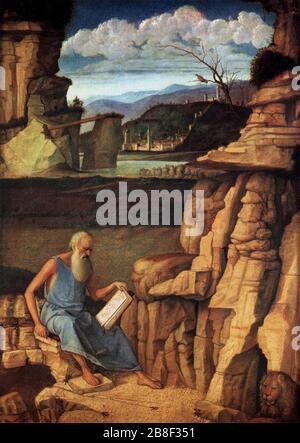 Giovanni Bellini - der heilige Jerome liest auf dem Land Stockfoto