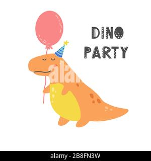 Süßer Dinosaurier mit Schriftzug Dino Party für Kinder, Baby-T-Shirt, Grußkartendesign. Lustiger kleiner Dino von handgezeichneter Art. Vektordarstellung des Dinosauriers im Hintergrund isoliert. Stock Vektor