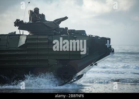 U.S. Marines with 3rd Platoon, Bravo Company, 2d Assault Amphibian Battalion, Conduct a Ship-to-Shore Event in Camp Lejeune, North Carolina, 20. März 2020. Die jährliche Ausbildungsanforderung diente der Aufrechterhaltung und Verbesserung der Einsatzbereitschaft und Leistungsfähigkeit der Einheit bei amphibischen Operationen. (USA Foto des Marine Corps von Lance CPL. Patrick King) Stockfoto
