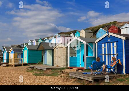 Strandhütten, Milford on Sea, Hampshire, England, Vereinigtes Königreich Stockfoto