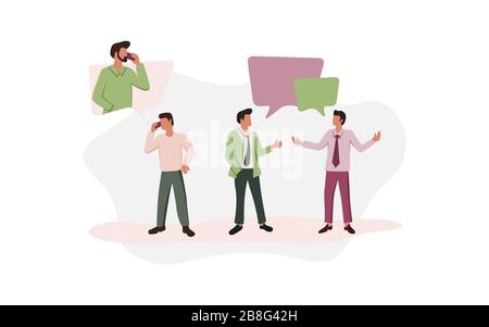 Aktivitäten von Personen, die mit Diskussionen, Gesprächen oder Motivationen in Zusammenhang stehen. Illustration von Menschen mit Sprechblase. Menschen, die mit dem Handy sprechen Stockfoto