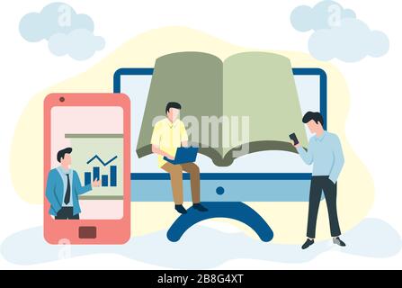 Aktivitäten im Zusammenhang mit Online-Lernen, Fernunterricht oder Online-Kurs. Illustration von Personen mit Computer, Smartphone und Buch Stock Vektor